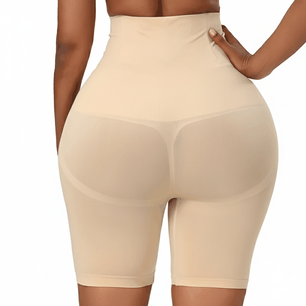 Short gainant taille haute pour maintien abdominal et silhouette affinée, invisible sous vêtements.