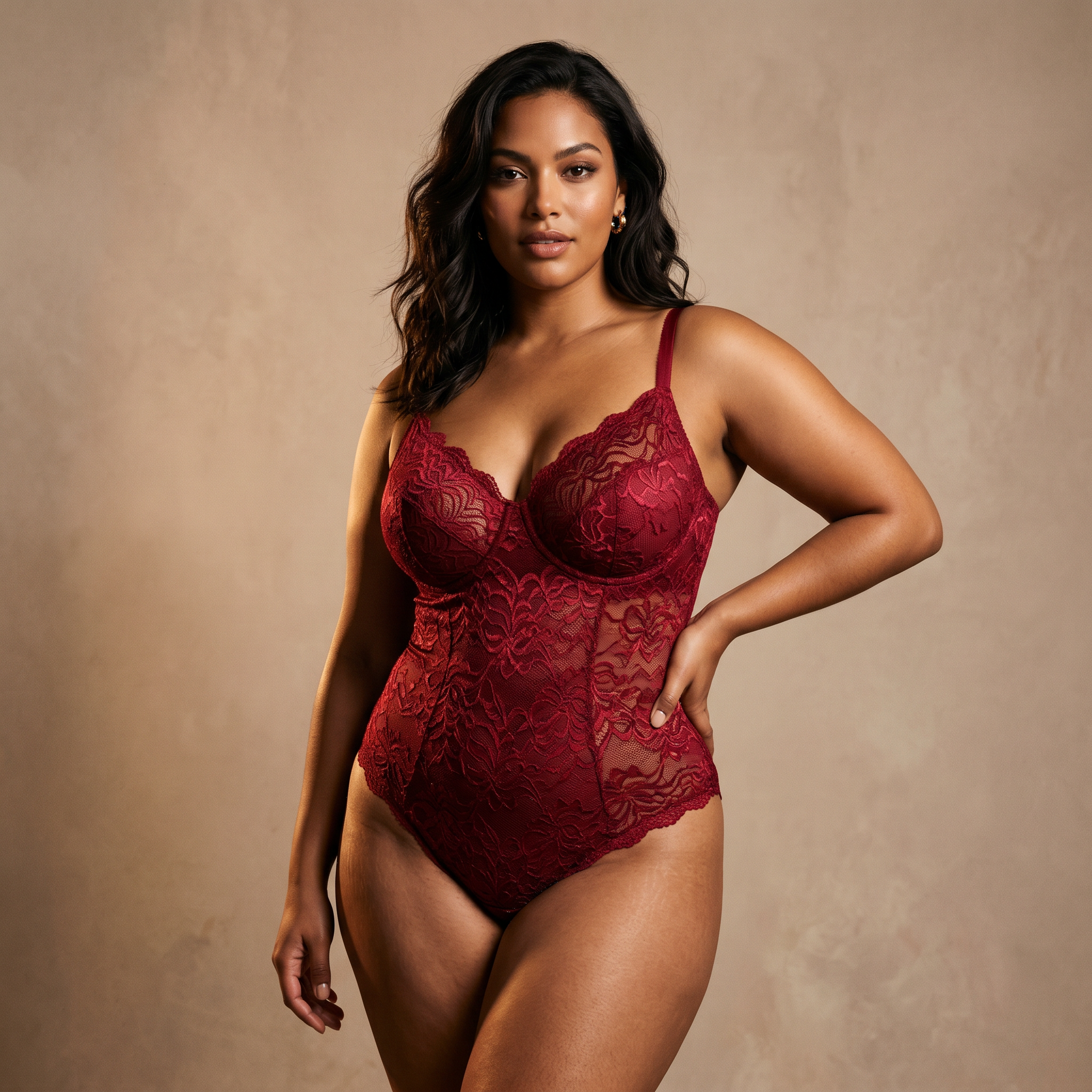 Body dentelle blanc gainant porté - mannequin peau foncée - lingerie sculptante élégante - Silueta Parisienne