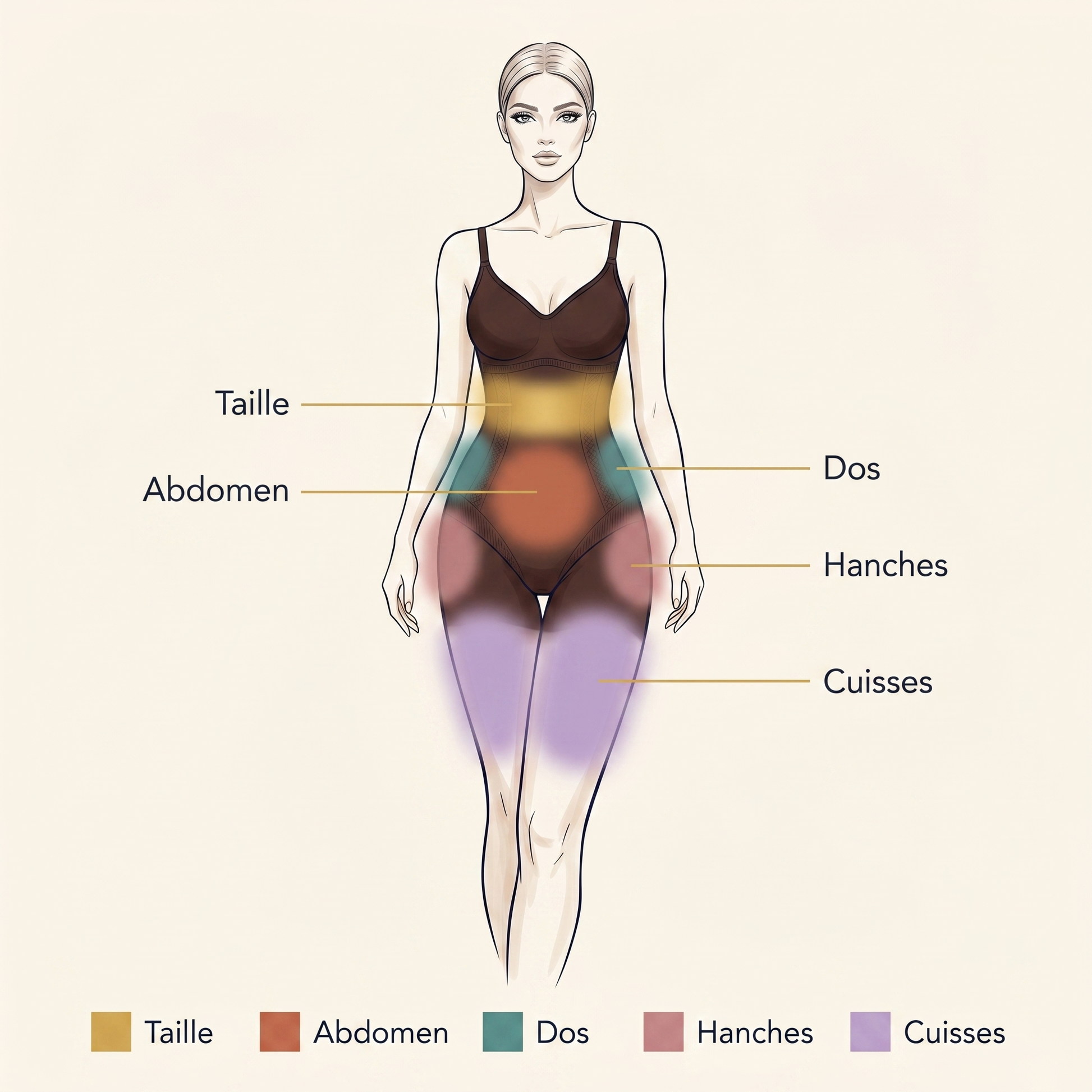 Zones de compression gaine intégrale seamless - taille abdomen dos hanches - infographie - Silueta Parisienne