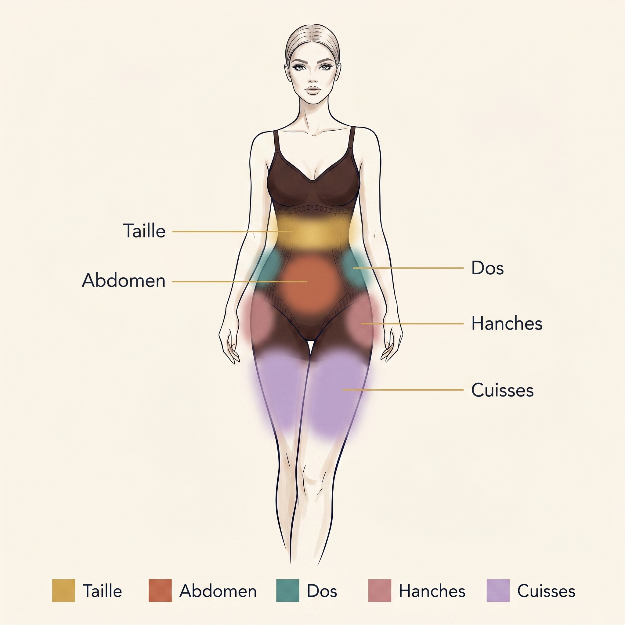 Zones de compression gaine intégrale seamless - taille abdomen dos hanches - infographie - Silueta Parisienne