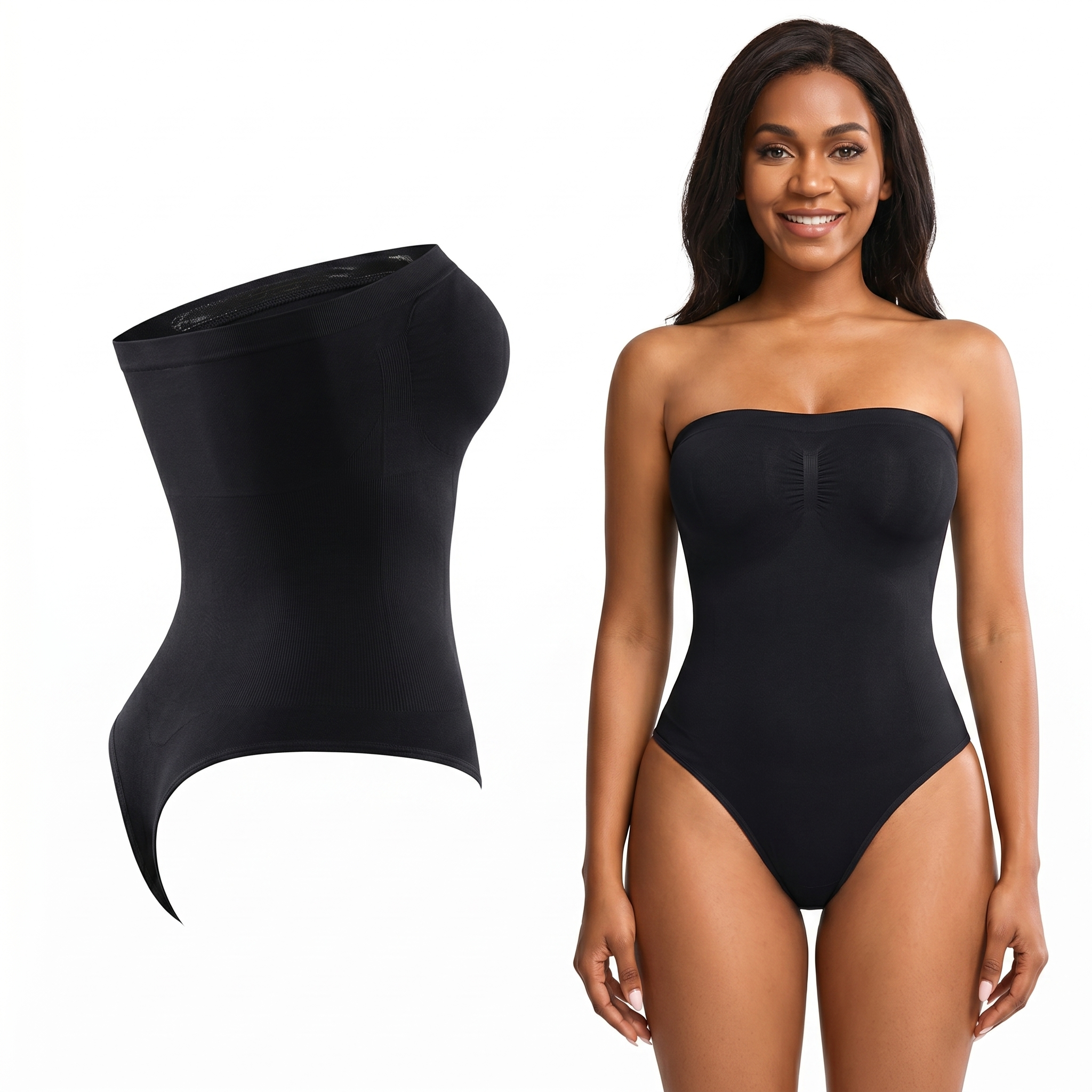Combinaison gainante sans bretelles noire - vue profil et mannequin - silhouette sculptée - Silueta Parisienne