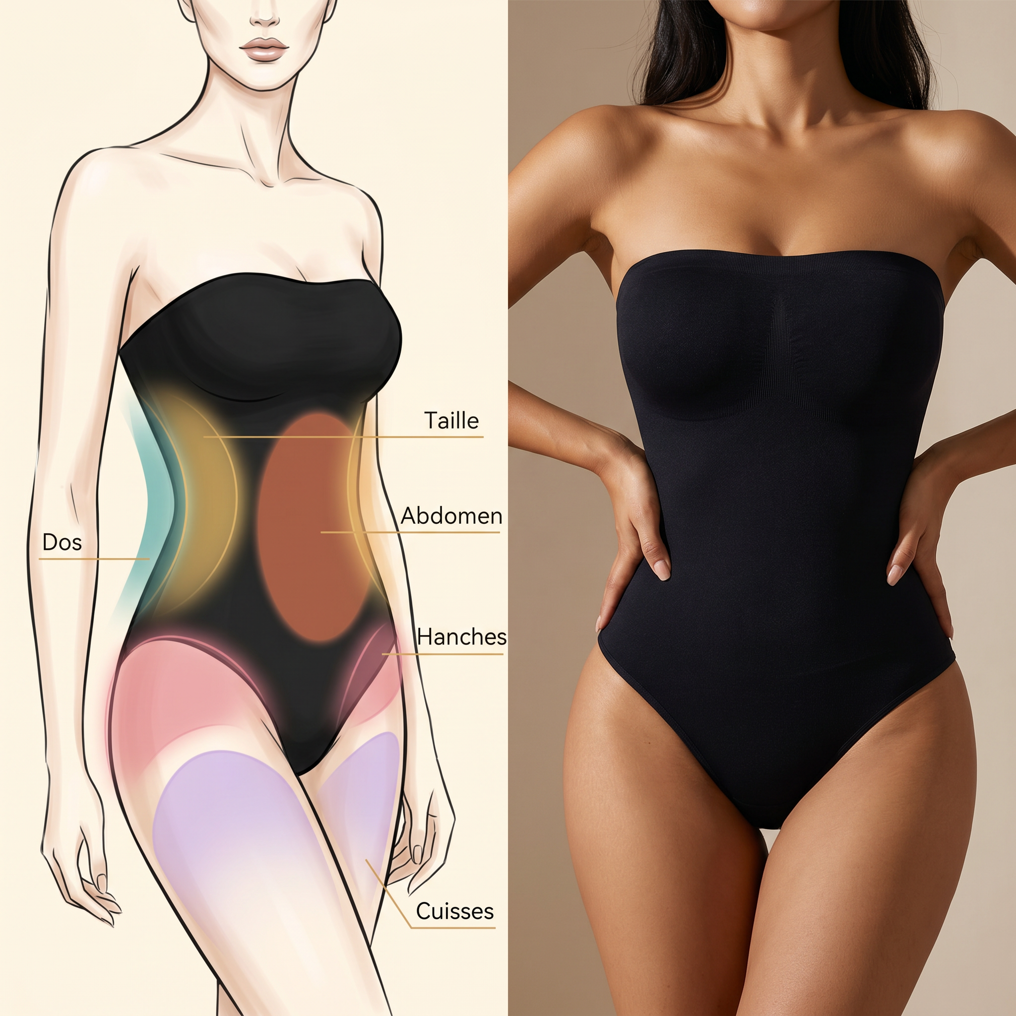 Body bustier noir - zones de compression ventre plat taille affinée - bénéfices visuels - Silueta Parisienne