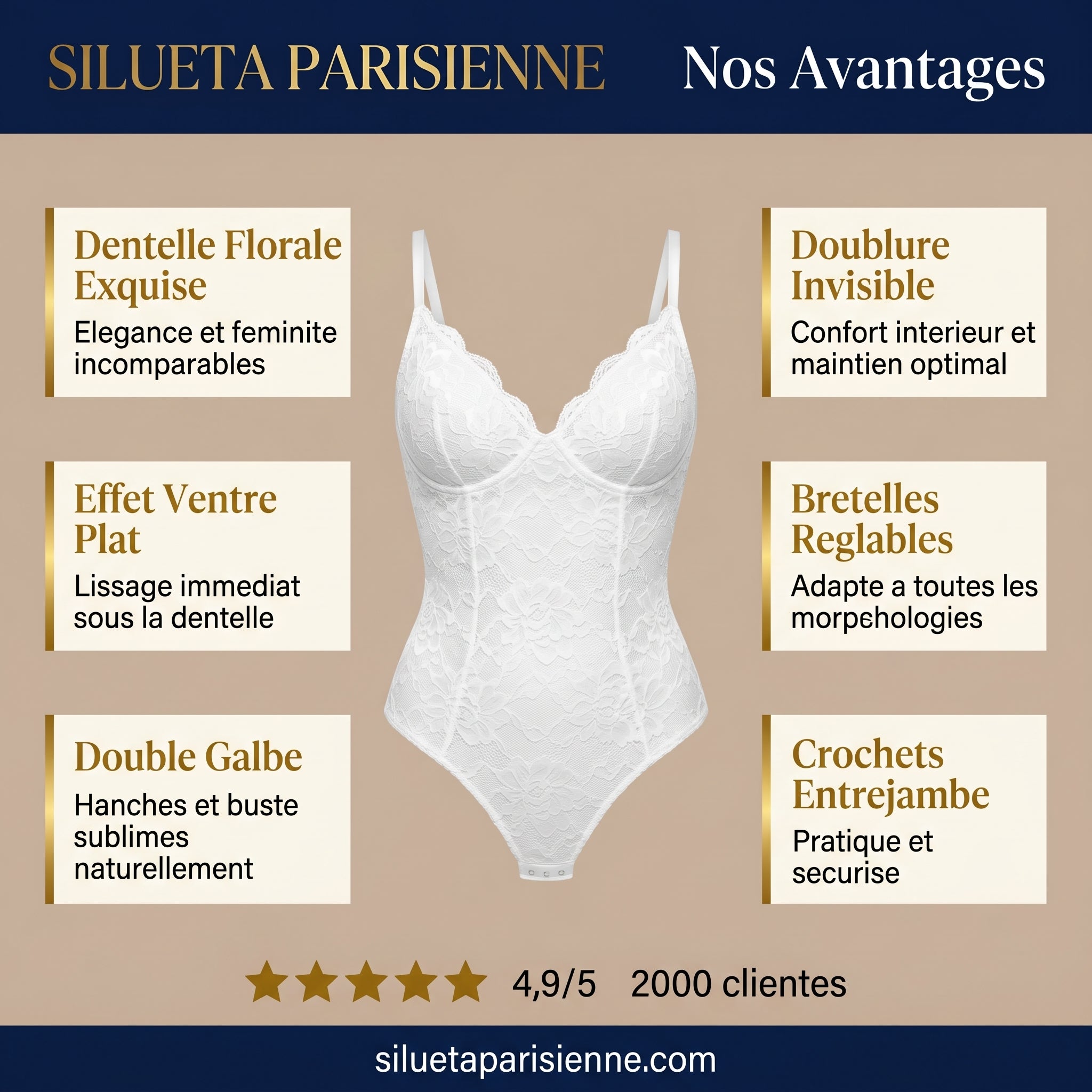 Body Dentelle Gainant - nos avantages dentelle florale effet ventre plat doublure gainante - Silueta Parisienne