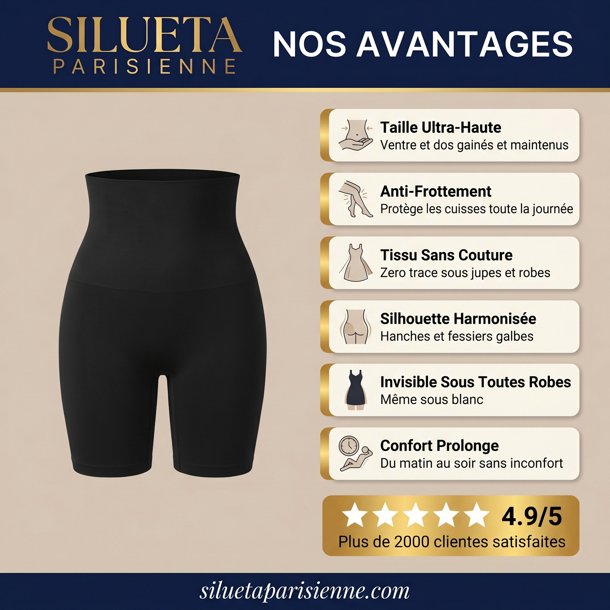 Short Gainant Taille Haute - nos avantages anti-frottement invisible sous robes - Silueta Parisienne